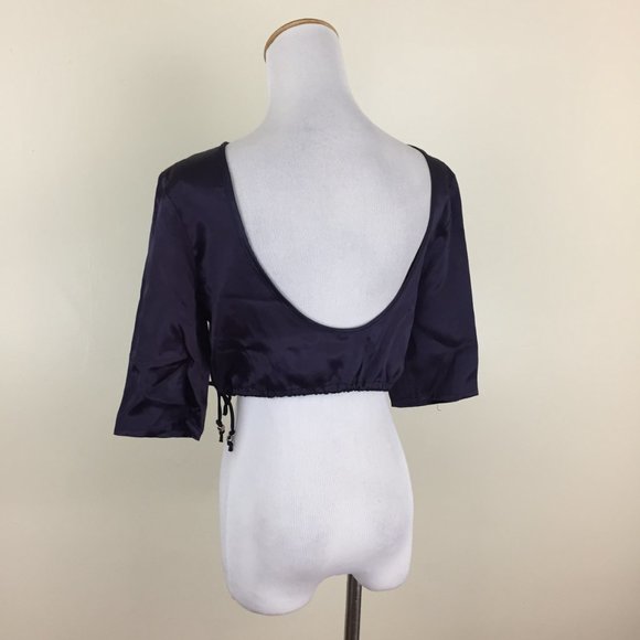 ODE TO JEUNE Dark Purple Sateen/Satin Drawstring Hem Cropped Shirt Top - Picture 8 of 9